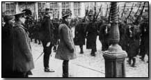 King George V and King Albert reviewing troops, Flanders, 1914