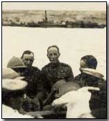 General Sir Ian Hamilton - British Commander-in-Chief - and General Braithwaite, his Chief of Staff, and Captain F Maitland, being rowed ashore in a warship's dinghy.