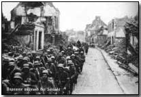 German soldiers marching through Bapaume during the Battle of the Somme, 1916